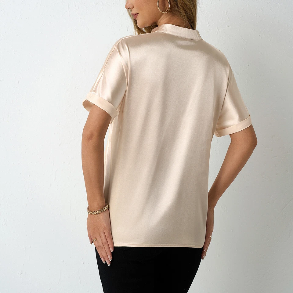 Women Solid Color Satin Short Sleeve Blouse Elegant Stand Collar Office OL Shirt - Image 3 of 4