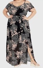 City Chic Woman’s Size 16 (S) Black Pink Floral Cold Shoulder Maxi Dress NWT