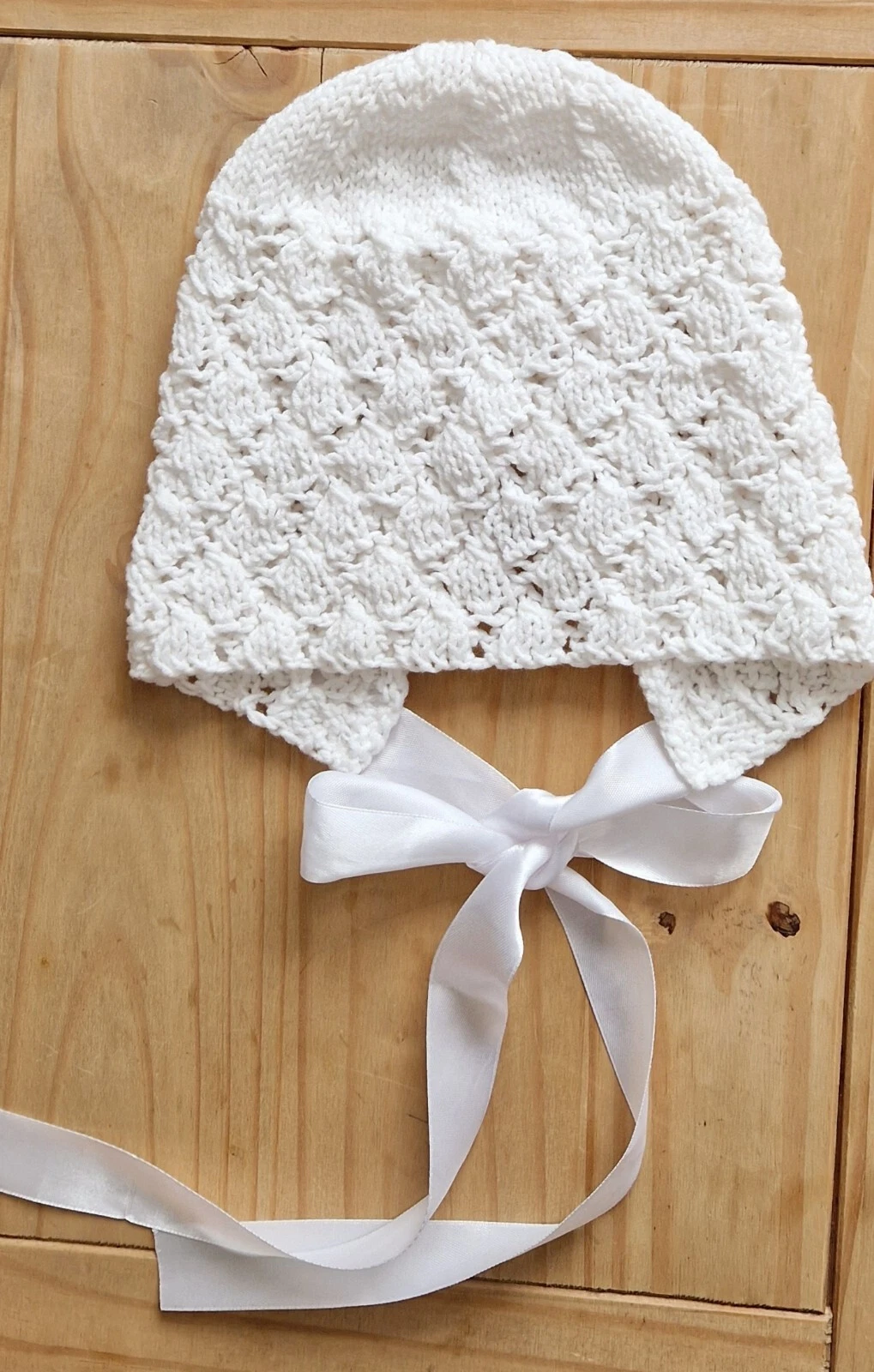 Hand Knitted Cotton Baby Bonnet/ 0_6 Months White