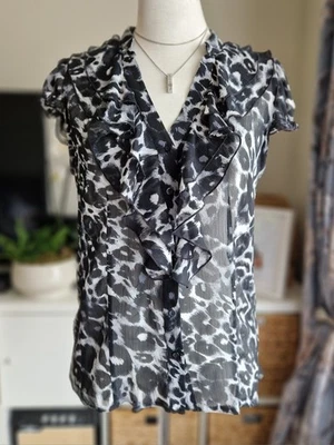 New Look Black White Animal Print Ruffle Blouse Sheer Y2K UK 16 Top Cap Sleeve - Image 1 of 4