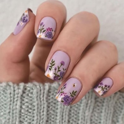 Short Press on Nails Square Fake Nails with French Tip Flower Leaves Designs