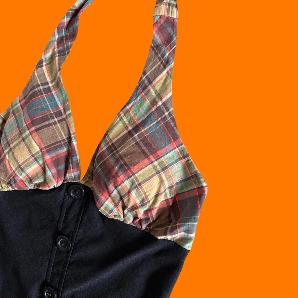 Camiseta sin mangas vintage años 00 estampado a cuadros imitación botón bodycon y2k halter XS PEQUEÑA Foto 3 de 4