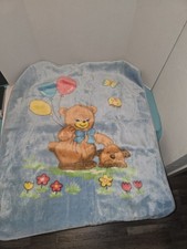 Vintage Baby Blanket Teddy Bear Balloons Puppy Dog Butterfly Mink Plush Blue 35