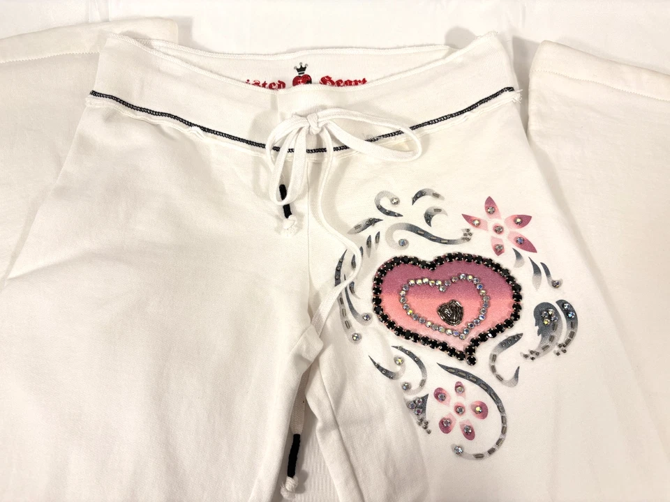 Y2K TWISTED HEART SUDADERA CON CAPUCHA Y ACAMPANADO Pantalones de Salón Bling Corazón Flor Cristales talla P Foto 3 de 4