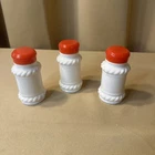 Set of 3 Vintage White Milk Glass Spice Jars Roped Edge Red Lids Made in Japan