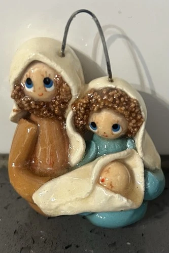 Vtg Nativity Mary Joseph Baby Jesus Handmade Clay Christmas Ornament