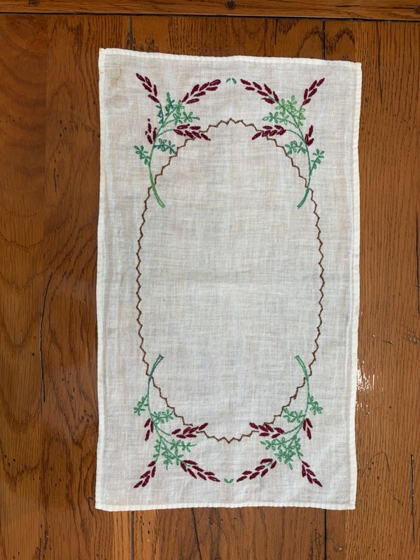 Hand Embroidered Vintage Floral Fabric Dresser Doilies, 2 pc cotton set