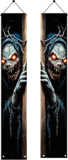 2PCS Halloween Porch Banner Scary Skeleton Demon Vertical Hanging Decorations fo