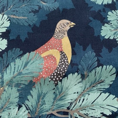 Schumacher Gardinenstoff COVEY HEDGE ~ MIDNIGHT 1,25m 100% Leinen ~ Vogel Design