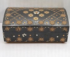 Art Deco Albanian Brass/Wooden Flowers Jewelry Trinket Box 6.5”