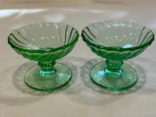 Set of 2 Depression Green Swirl Glass Salt Dip Cellars