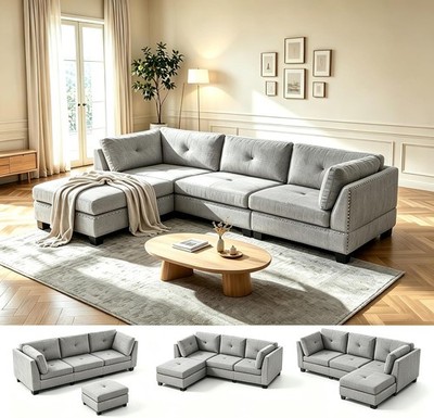 AECOJOY L-Shape Modular Sofa Bed 3-Seat Sleeper Couch Detachable Ottoman