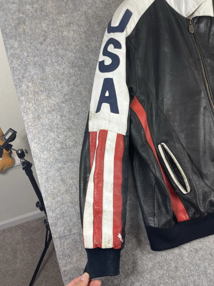 Vintage Michael Hoban Leather Jacket Mens 2XL Tall USA Flag Motorcylcle 90s - Image 4 of 4