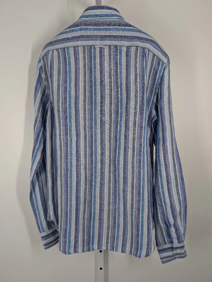 Camisa Barneys New York Azul Tinte Natural Lino Arte Rayas Pequeña De Colección Y2K Botón 38 Foto 3 de 4