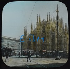 Foto MAILAND KATHEDRALE UND QUADRAT ITALIEN UM 1920 Magische Laterne Dia Straßenbahnen Milano