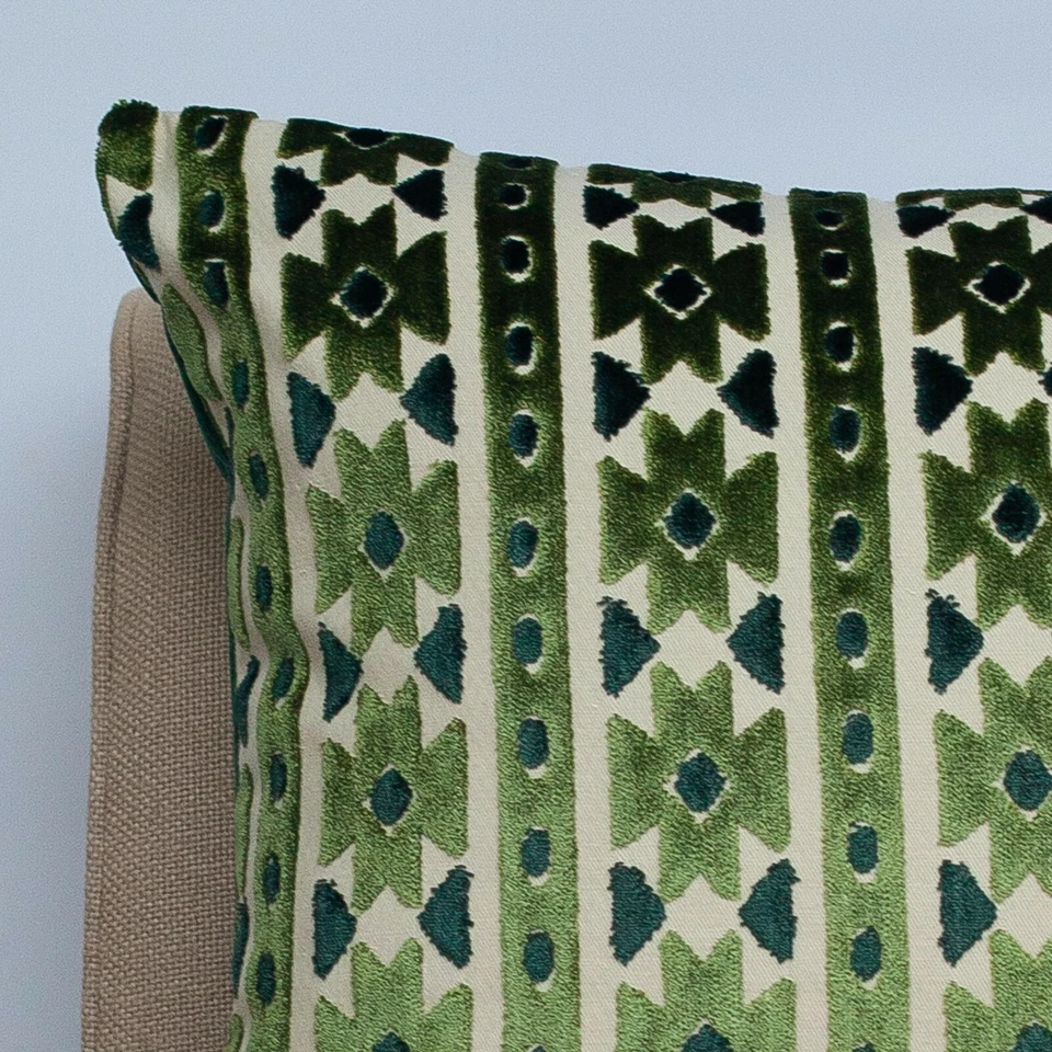 Kashan Geometric Cut Velvet Cushion. Emerald Green Triangles. 17x17" Square - Image 3 of 4