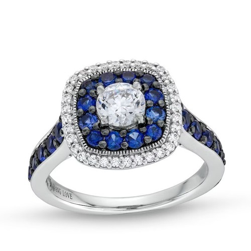 Vera Wang Love Diamond & Blue Sapphire Cushion Frame Engagement Ring