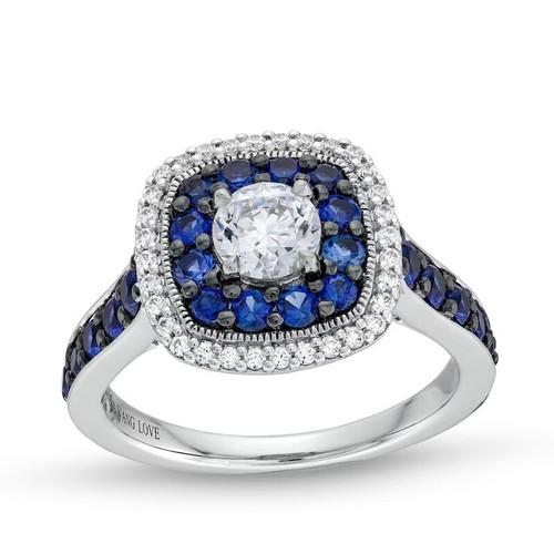 Vera Wang Love Diamond & Blue Sapphire Cushion Frame Engagement Ring In Silver - Picture 1 of 10