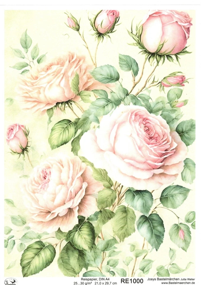 JOSYS BASTELMÄRCHEN Papel de arroz A4 seda de paja decoupage técnica de servicio rosas rosa vintage RE1000