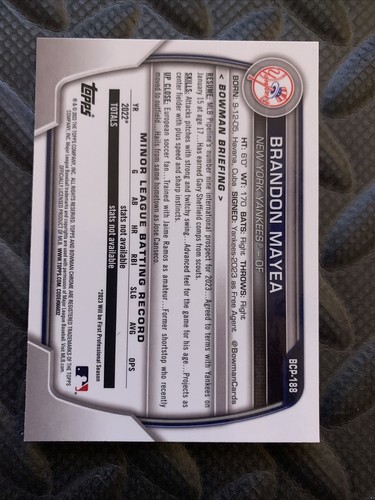 2023 Bowman Chrome Mega Box Prospects BCP-188 Brandon Mayea 1st Yankees - Picture 3 of 3