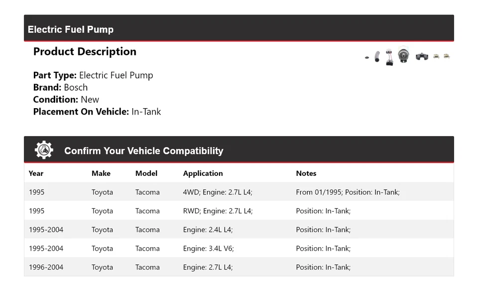 Bomba de combustible eléctrica en tanque para Toyota Tacoma Bosch 1995-2004 1996 1997 1998 1999 Foto 2 de 4