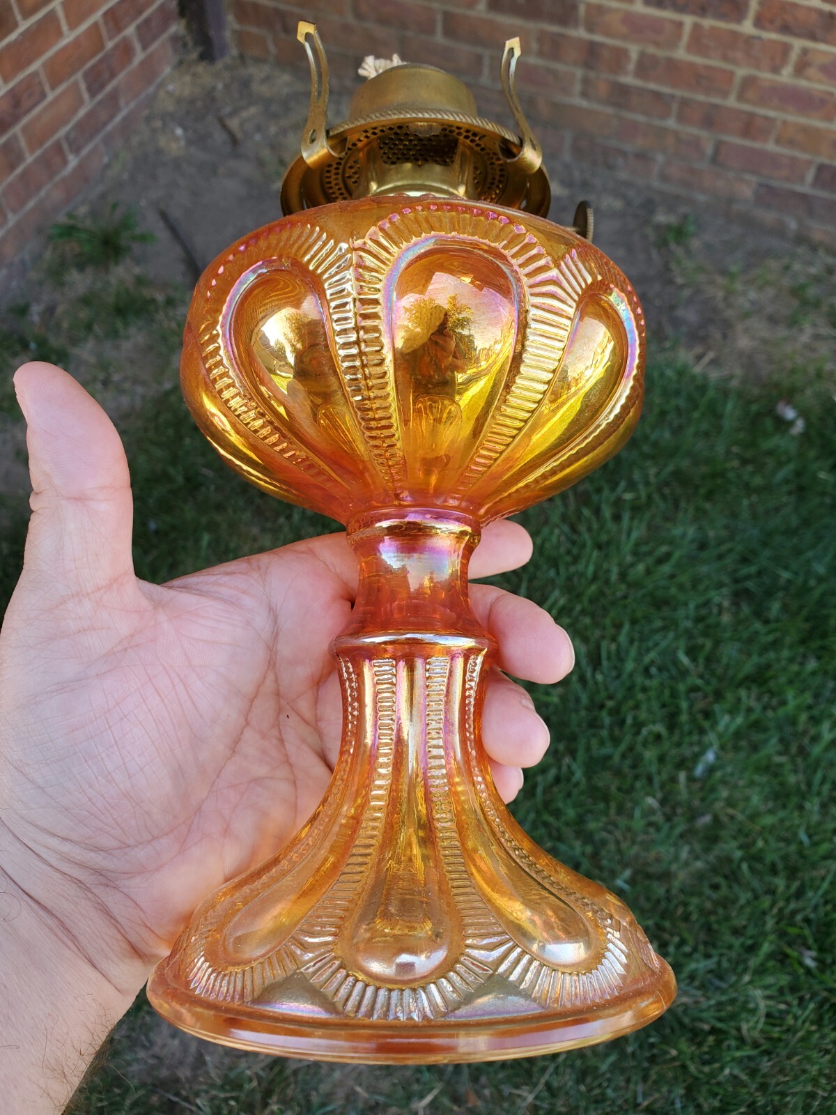 Imperial Zipper Loop Marigold Carnival Glass Oil Lamp 17" Tall eBay