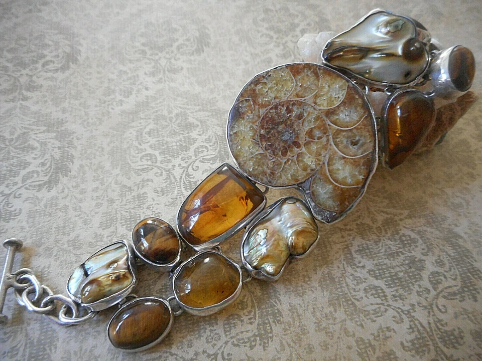 Dramático Brazalete Ojo de Tigre con Cáscara de Ámbar Fósil de Anémona Esterlina RE99C2R Foto 2 de 4