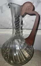 PINK SWIRL GLASS PITCHER ART DECO FROSTED RIBBED LONG NECK & HANDLE ROMANIA