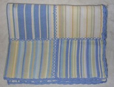 Pottery Barn Kids Baby Blanket Blue Tan Stripe Sweater Knit Scalloped Edge FLAW