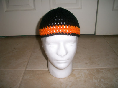 Adult Handmade Crochet Skull Cap Kufi Beanie Hat BLACK and ORANGE