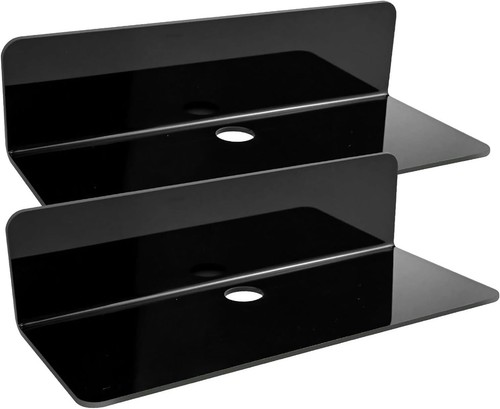Set of 2 Acrylic Floating Wall Shelves With Cable Clips For Router CDs Picture - Picture 5 of 8