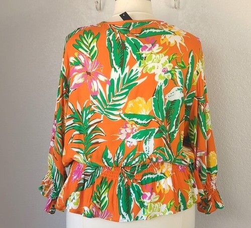 Unique Spectrum 2X Blouse Orange Tropical Print Peplum 3/4 Sleeve V-neck - Picture 3 of 5