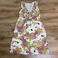 Ann Taylor LOFT Dress Size 0 Floral Silk Cotton V-Neck Empire Stretch Waist Colo