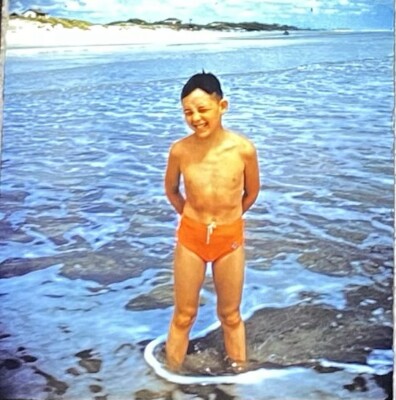 Vintage 1950 s Young Man-Swim Trunks-At the beach-Stereo Realist 3D Photo