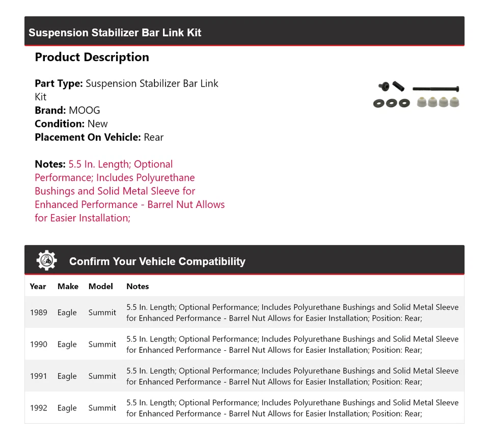 Kit de eslabones de barra estabilizadora de suspensión trasera para Eagle Summit 1989-1992 MOOG 1989 Foto 2 de 4