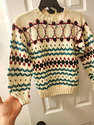 Club Room, Vintage Club Room Fair Isle Cream Hand Knit Crew Neck Sweater Size Small