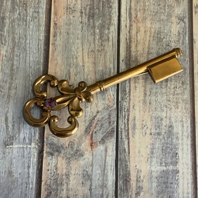 Signed Pegasus Coro Brass skeleton key purple rhinestone brooch