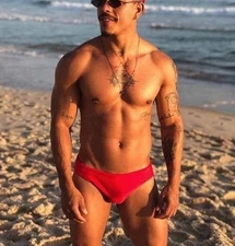 New Men's Sexy Red Hang Free Pouch Swim Bikini w/Enhancing Contoured Pouch-Gay