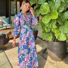 NEW Zimmermann Dress Size 1/AU 10/US 6 Poppy Plunge Midi Purple Long Slv Party