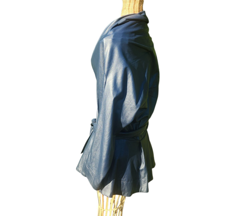 Byron Lars Beauty Mark Blue Vegan Leather Belted Jacket Tie Front Size 2 - Picture 5 of 8