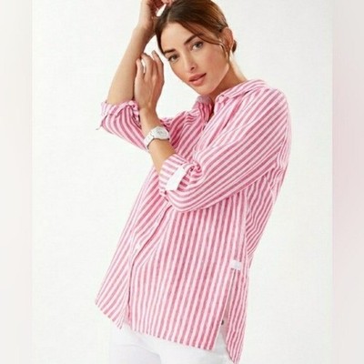 Tommy Bahama 100% Linen Button Tunic Top Womens S Beach Resort Pink White Stripe