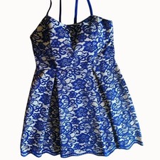 Speechless Size 9 Blue Lace Floral Fit & Flare Mini Dress With Lace-Up Back