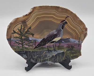 Vintage 1980 Hand Painted Quail Artwork on Agate Slab 6''x8'' Signed Neva Daniels