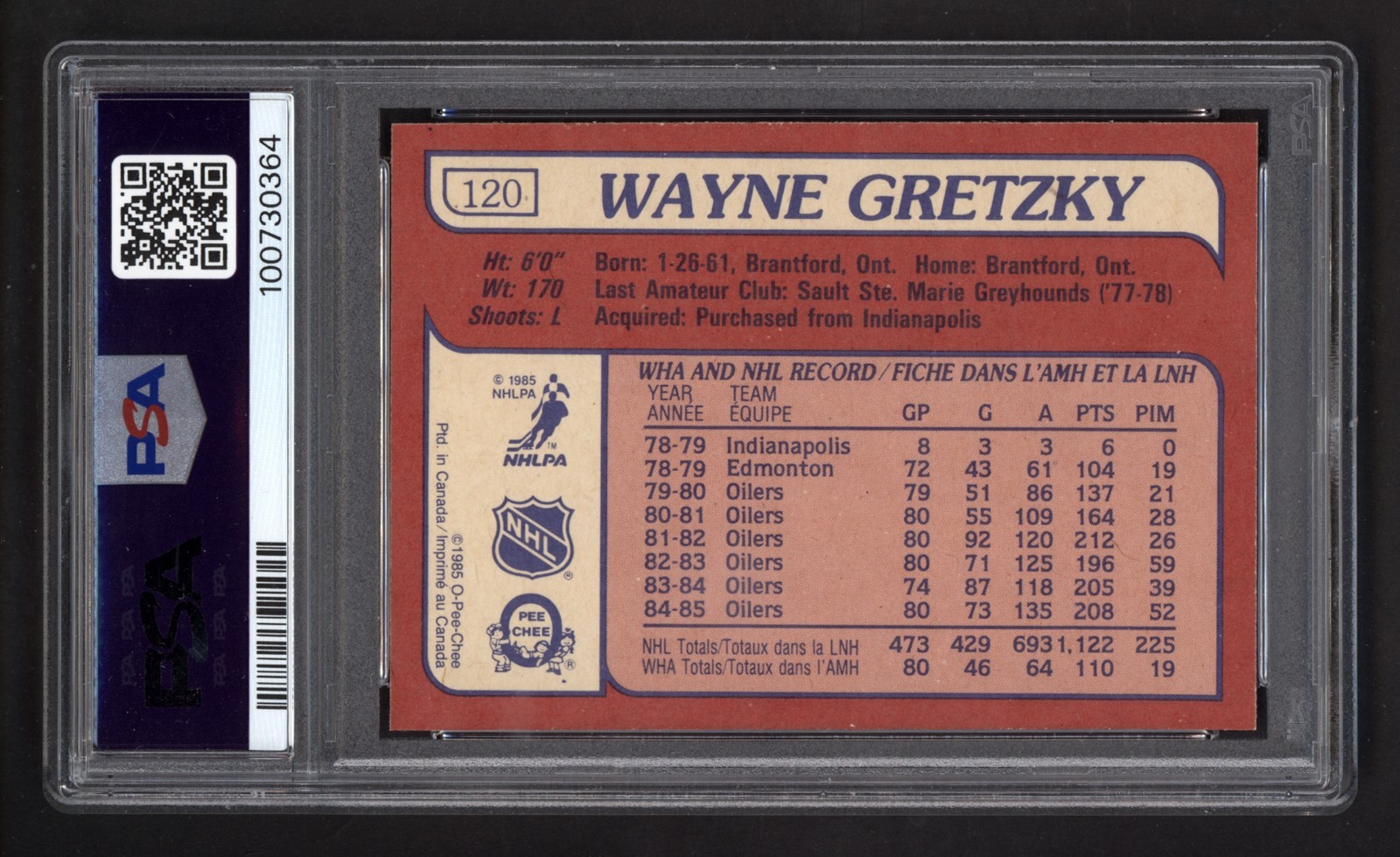 1985 OPC #120 WAYNE GRETZKY PSA 9 MINT view 2