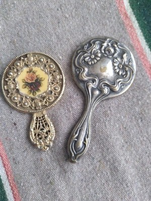 Two Vintage mini hand mirrors, Art Nouveau Silver Plate and Gold filigree w/rose