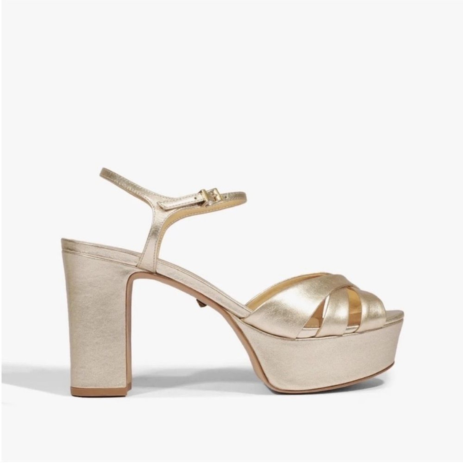 Schutz NEW Keefa Gold Platform Sandal Heels Size 7 Metallic Party NYE Glam Disco