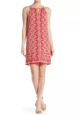Max Studio Red Tan Celtic Moroccan Geometric Aline Stretch Shift Dress Small
