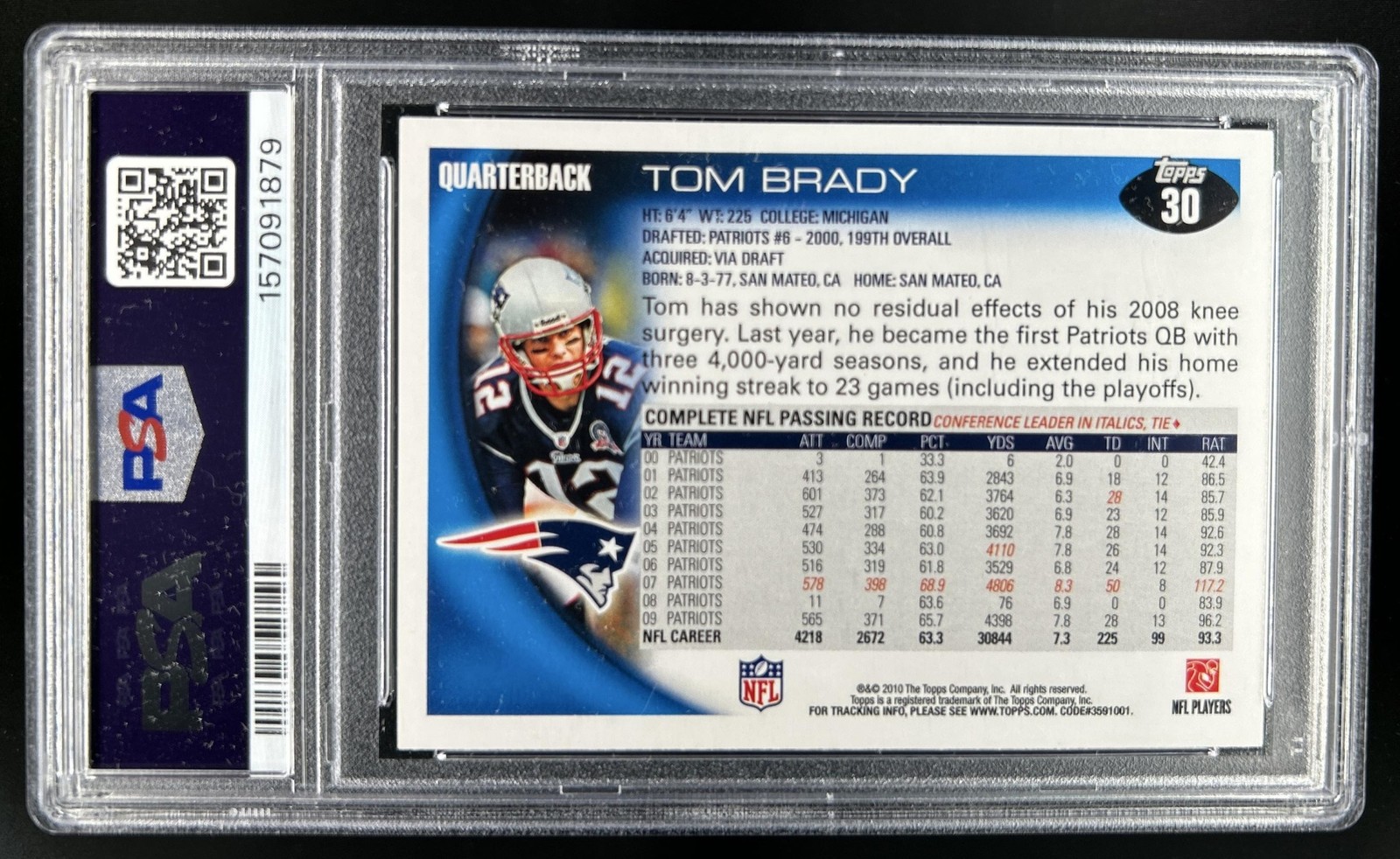 2010 Topps Tom Brady #30 Patriots PSA 8 view 2