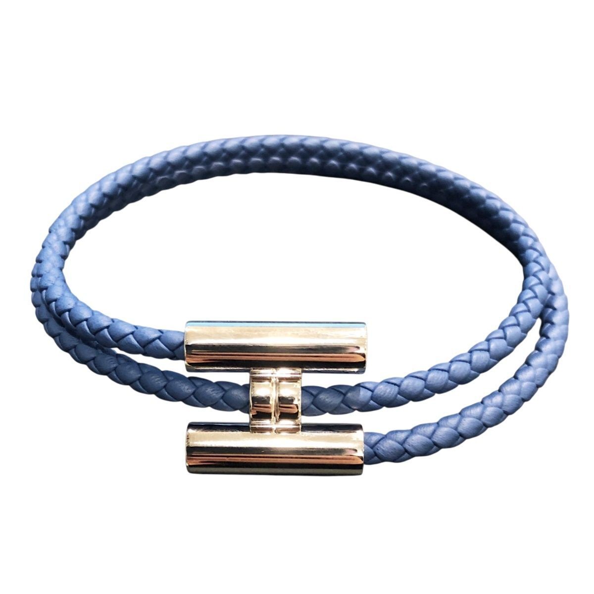 HERMES Turni Tresse Bracelet in Navy Swift Leather with Silver Hardware Pre-Owned