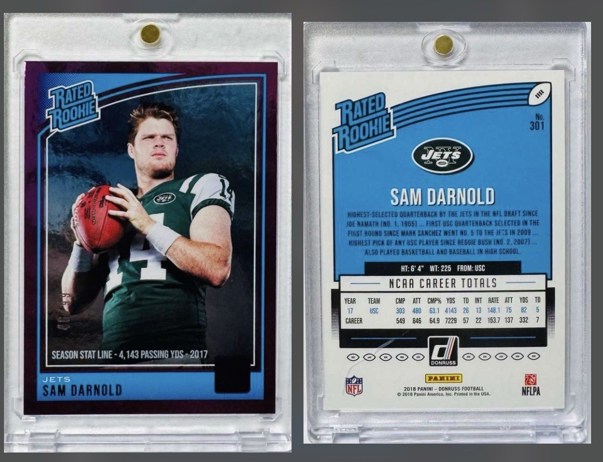 Sam Darnold 2018 Panini Donruss Rated Rookie Season Stat Line Purple Foil SP /99